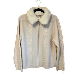 Pendelton Cardigan Sweater Women Medium Lambs Wool Full Zip Removable Faux Fur